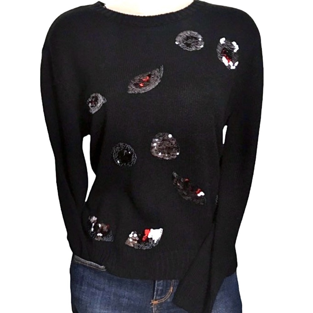 H&M Divided Flip Sequin Eyes Fuzzy Sweater Black Red Silver XS Cozy Winter Comfy - Picture 5 of 8